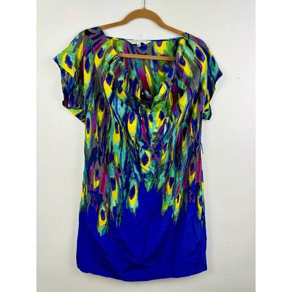 Trina Turk Dress Size 8 Blue Peacock Print 100% Silk Cap Sleeve Beach Vacation - Picture 1 of 6